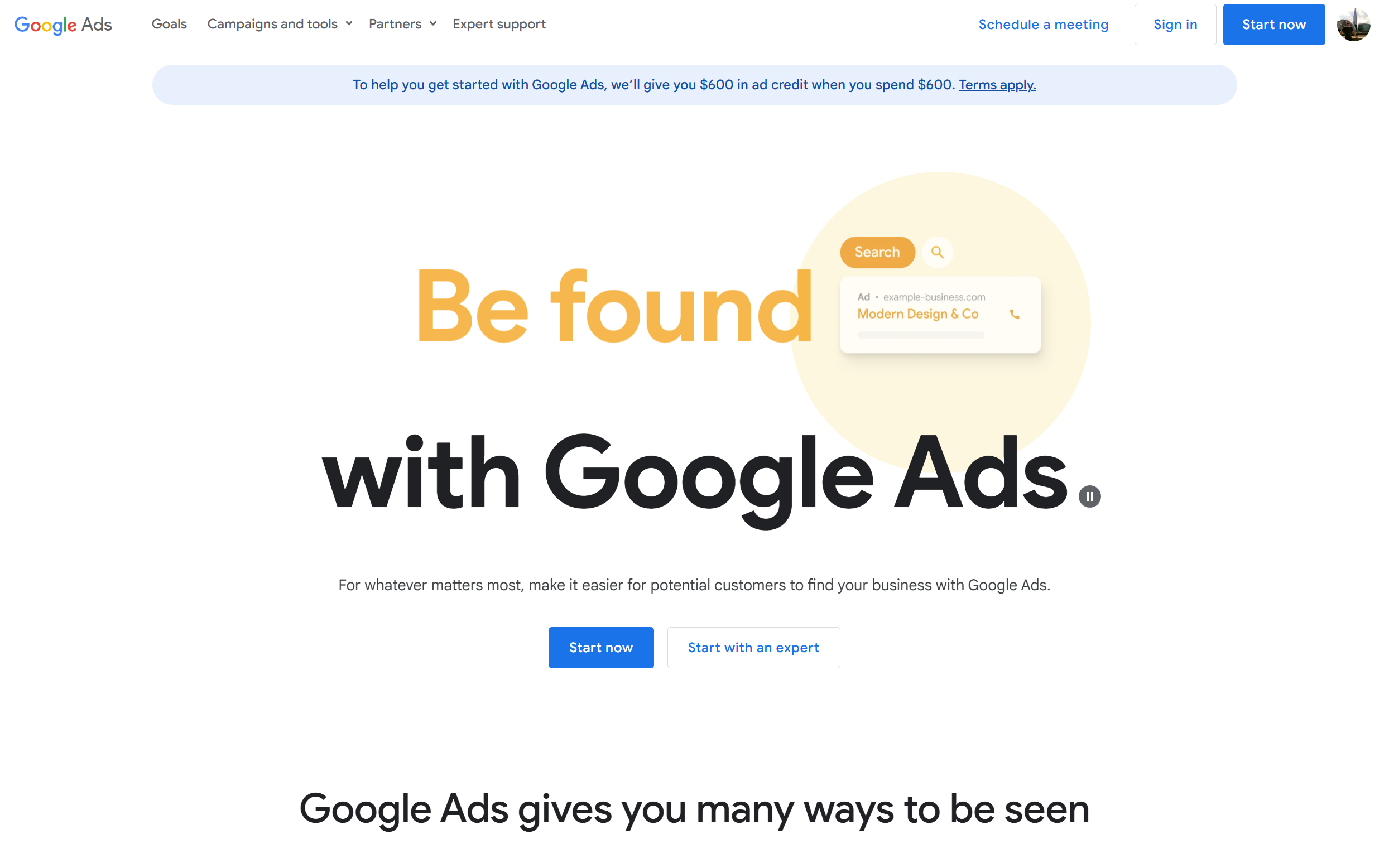 An image of the homepage of the Google Ads website